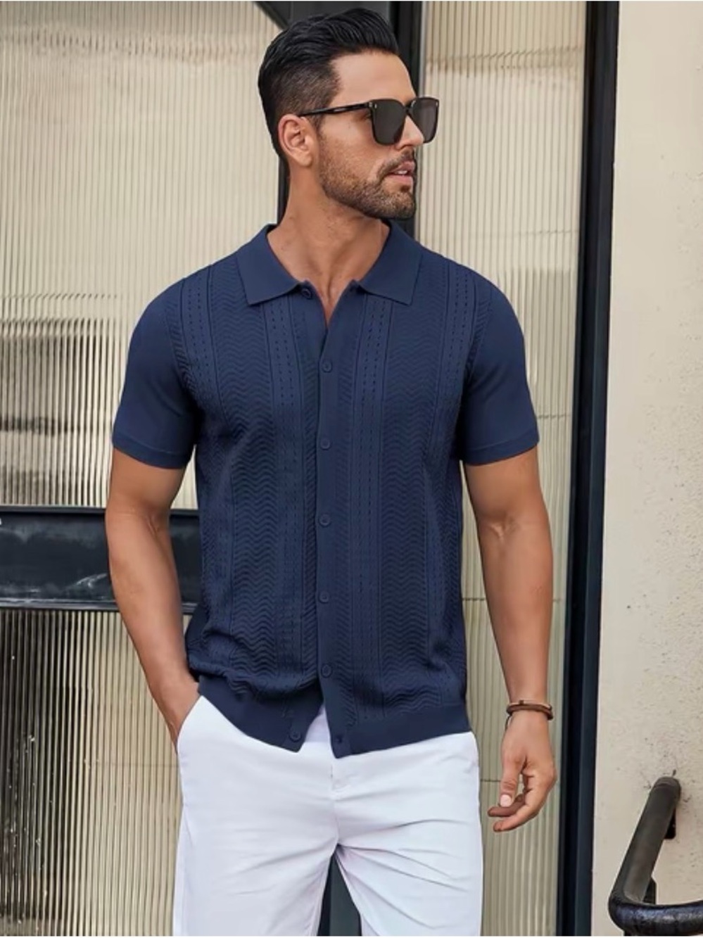 COOFANDY Men’s Navy Blue Open-Knit Button-Up Shirt NWT size large